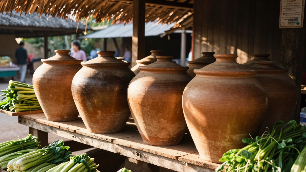 Stoneware Crocks in Luang Prabang at The Late Morning Light in in Luang Prabang, Laos