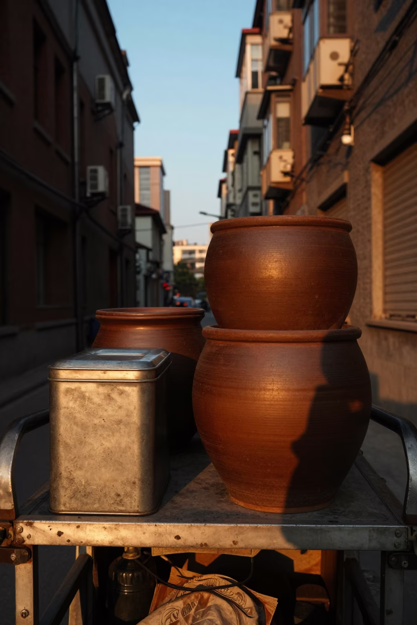 Stoneware Crocks in Shanghai at Sunset Light in in Shanghai, China