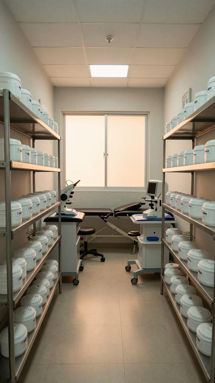 Stool Sample Kits in Cabimas Clinic Light in inside a recovery area with treatment stations aligned in Cabimas