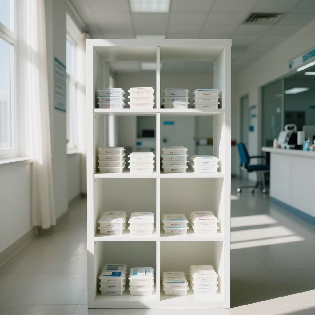 Stool Sample Kits on Symmetrical Shelf in Manama Clinic in along a therapy corridor with organized equipment in Manama