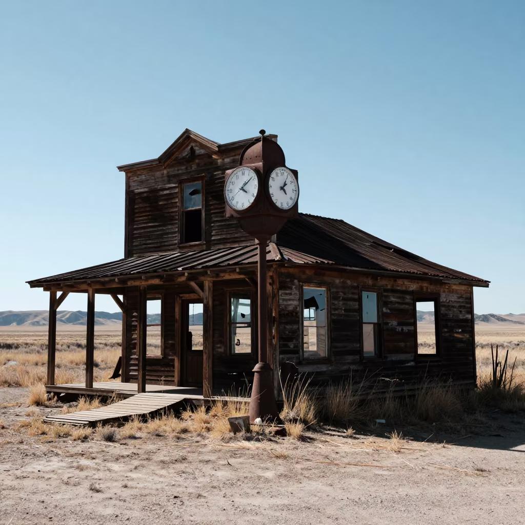Stopped Clock in Ghost Town Depot Ruins in near Regina