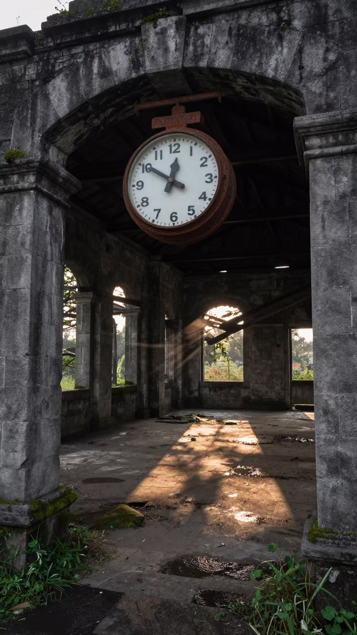 Stopped Clock in Ratlam Stone Ruins in among roofless stone chambers near Ratlam