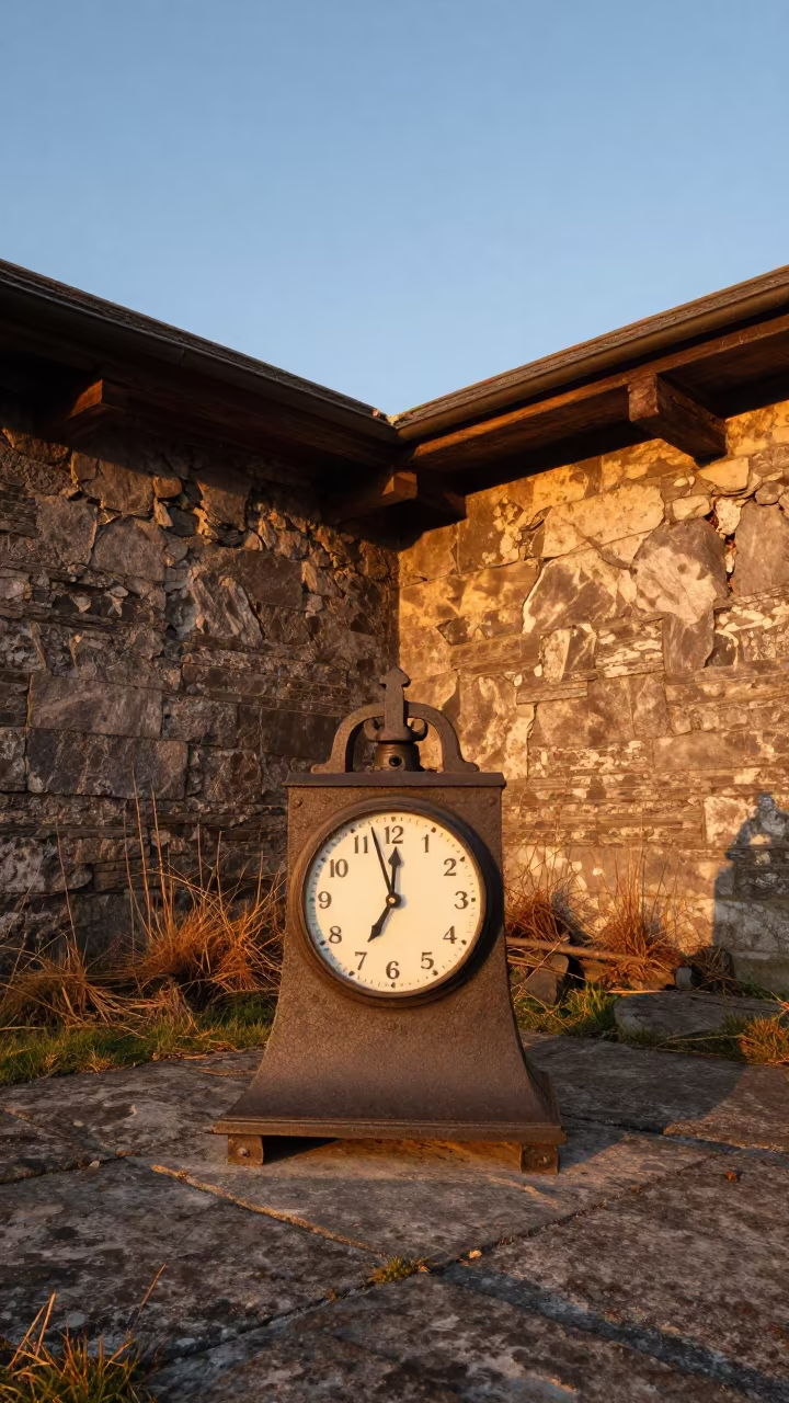 Stopped Clock in Roofless Irish Hammam at Sunset in inside a roofless hammam in Ireland