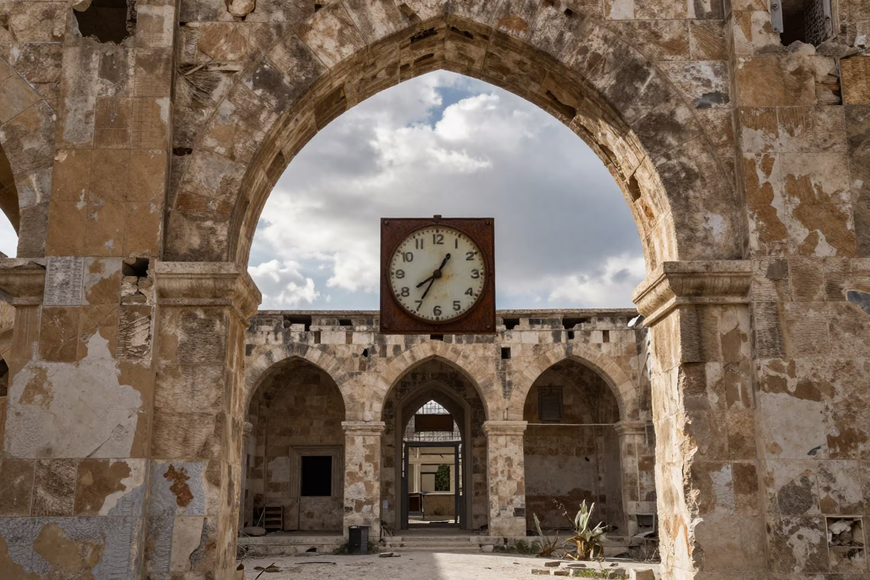 Stopped Clock in Syrian Ruin Dawn in through an abandoned ceremonial court near Aleppo