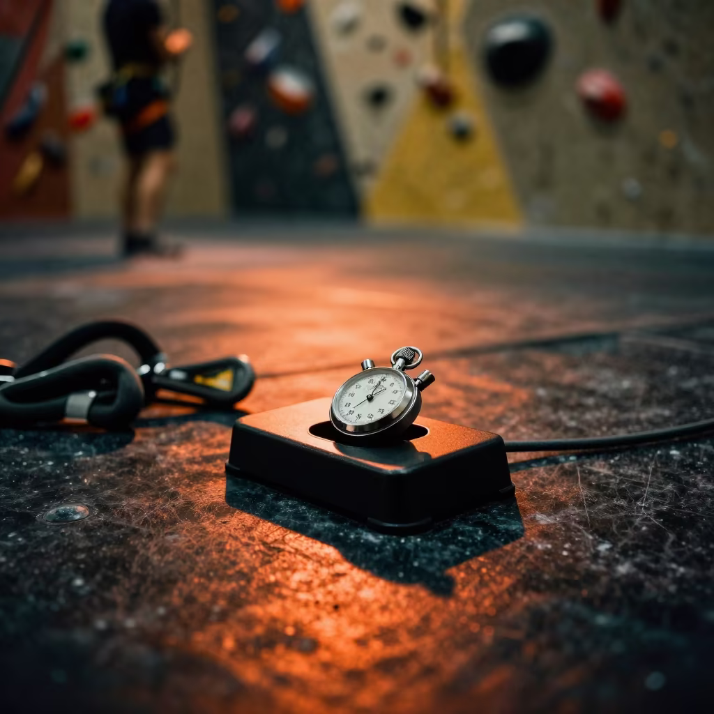 Stopwatch Dock in Nighttime Climbing Gym Warmup Zone in inside a climbing gym warmup zone near Quebec City
