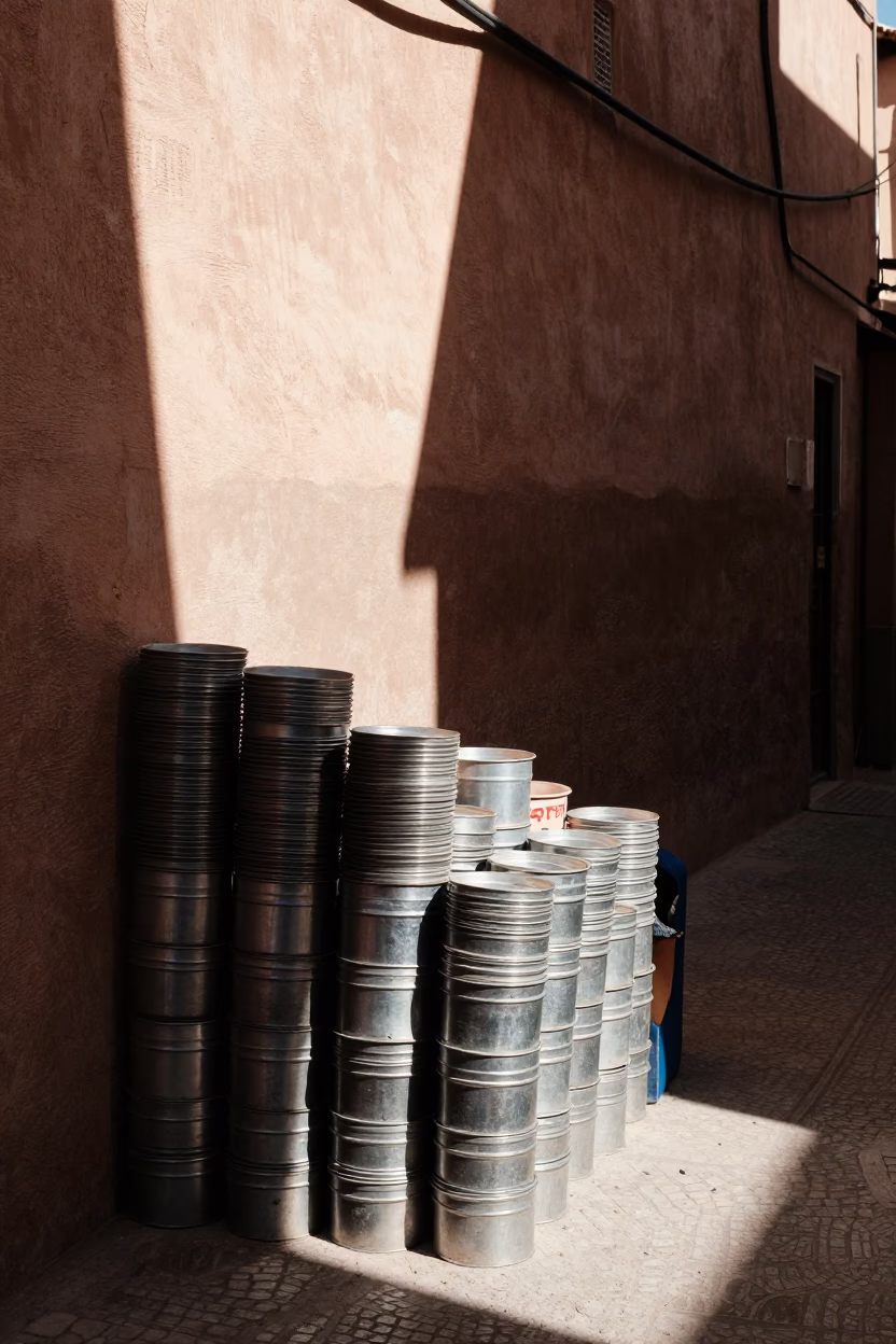 Storage Tins in Marrakech at Midday Light in in Marrakech, Morocco