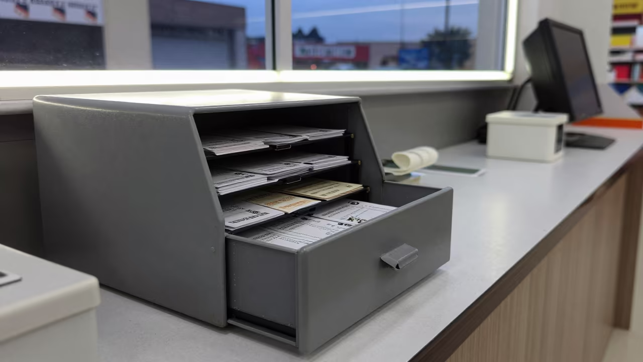 Store Counter Drawer with Claim Tickets and Screws in at a checkout lane under flat store light near Ouidah
