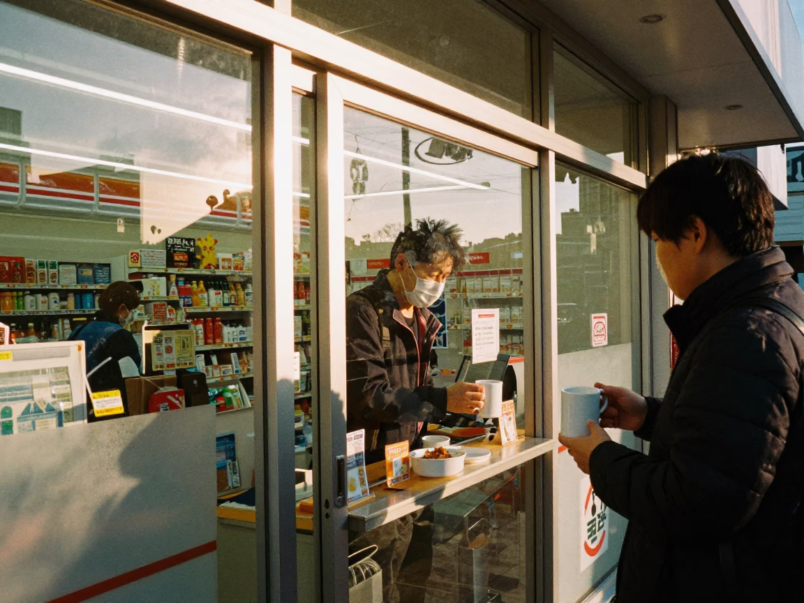 Store Transaction just after sunrise in Fukuoka in in Fukuoka, Japan