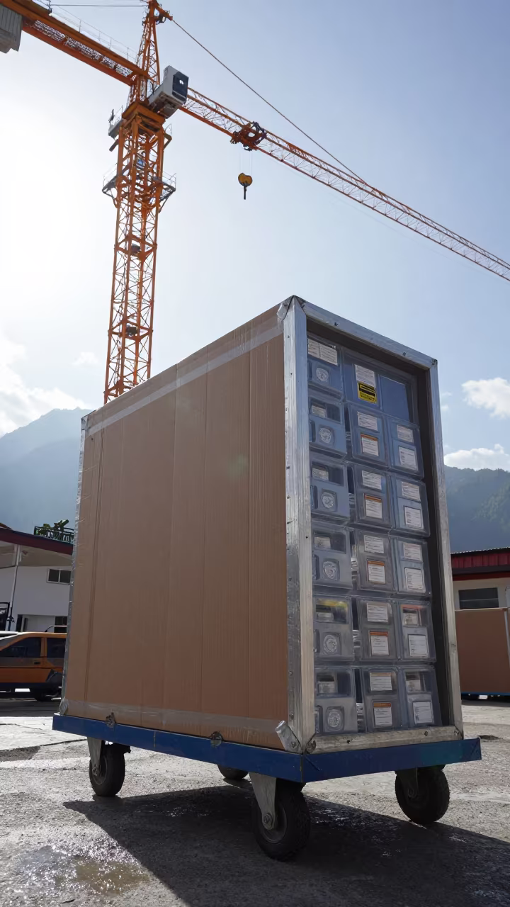 Storefront Carton Under Crane in Himalayan Drizzle in beneath a tower crane on open ground in the Himalayas