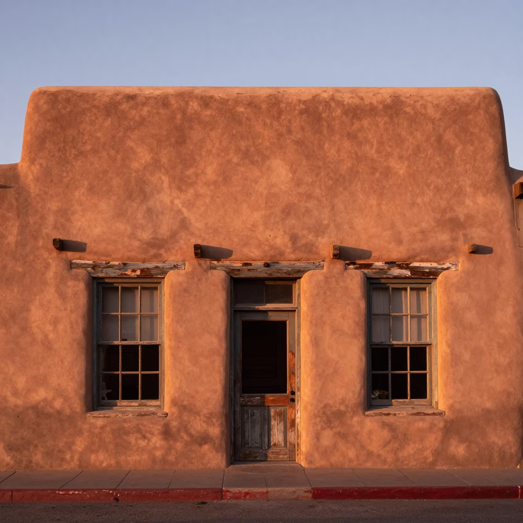 Storefront Exterior in Santa Fe at Copper-toned Light Before Dusk in in Santa Fe, New Mexico, United States