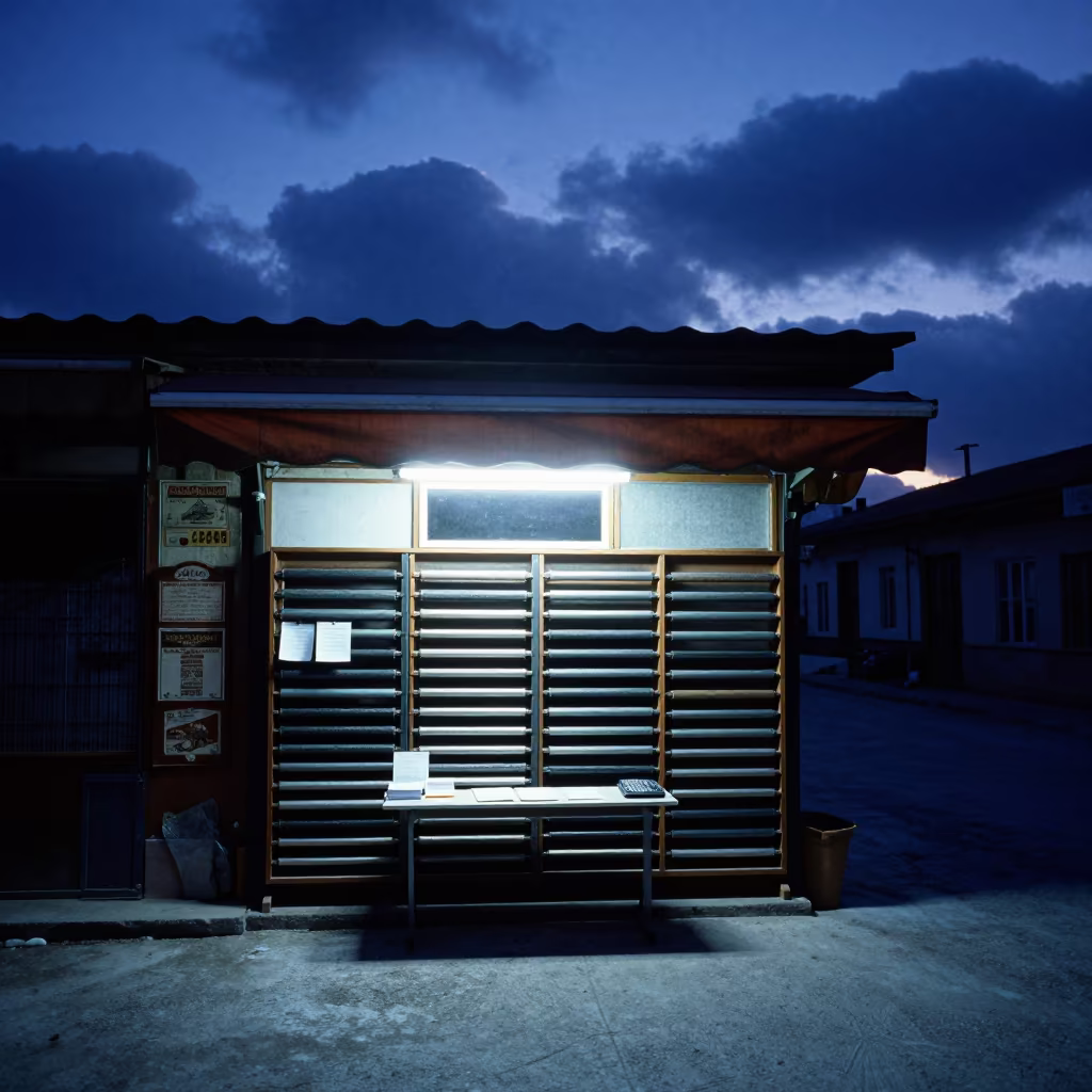 Storefront Mat Rack Before Dawn in Elazig in beneath a shop awning at blue hour near Elazığ