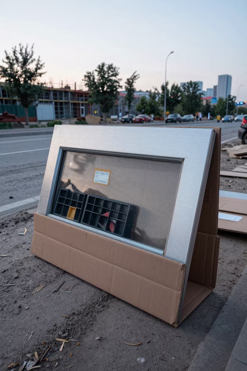 Storefront Sweep Carton at Astana Dawn in at a muddy site access road in Astana