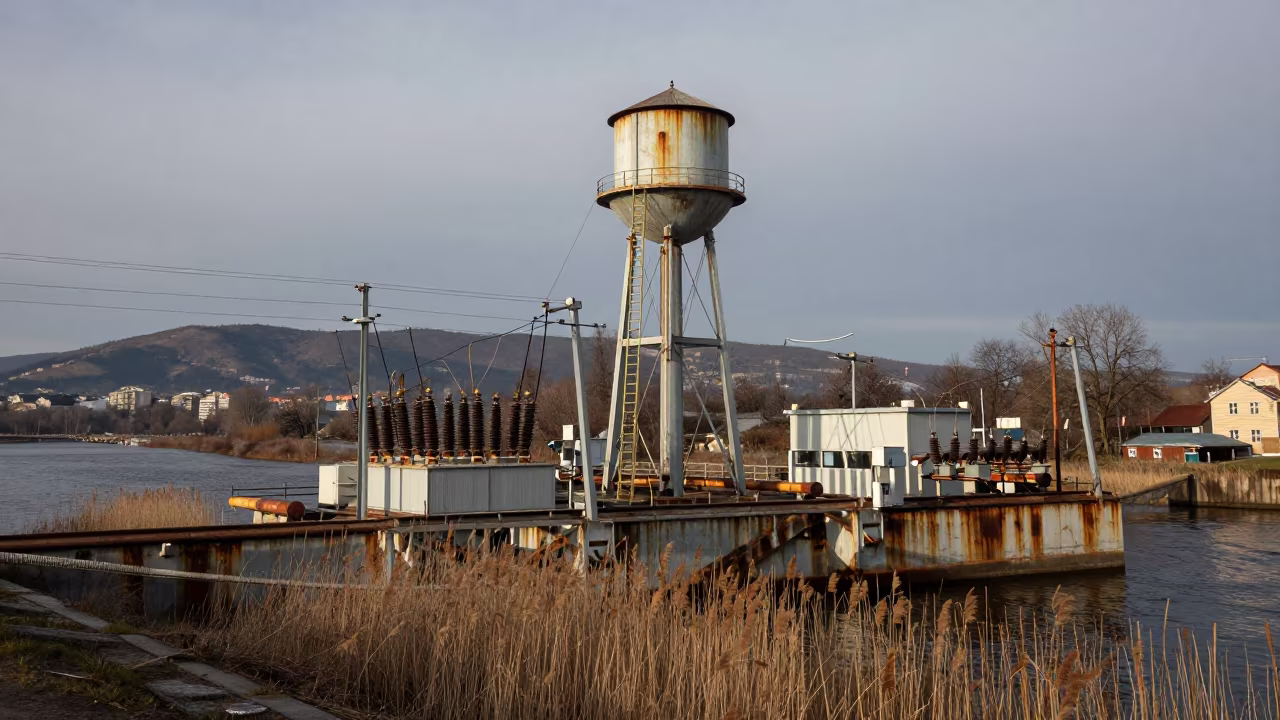 Storm Barrier Estuary and Water Tower Ladder Lviv in beside a water tower ladder near Lviv