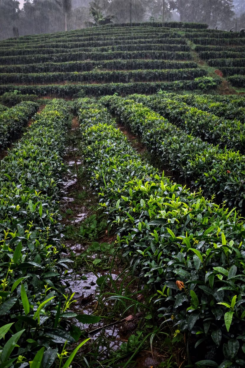 Storm Bent Hop Rows Near Suez Tea Plantation in at the edge of a tea plantation near Suez