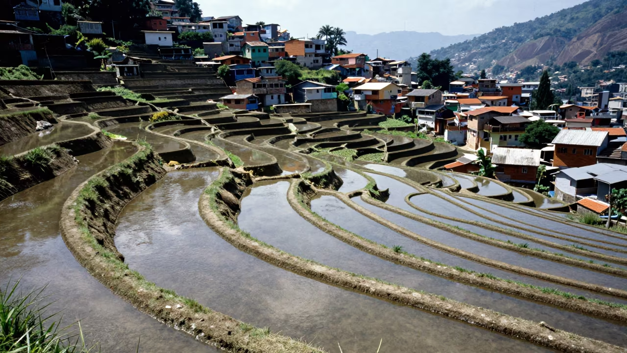 Storm-Bent Rice Terraces in Rio Cool Season in along freshly irrigated rows near Rocinha, Rio de Janeiro