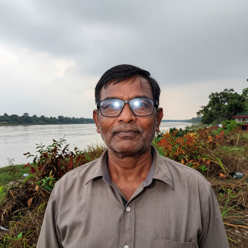Storm Chaser Portrait with Windshield Glare in Nadiad in near a riverside landing in Nadiad