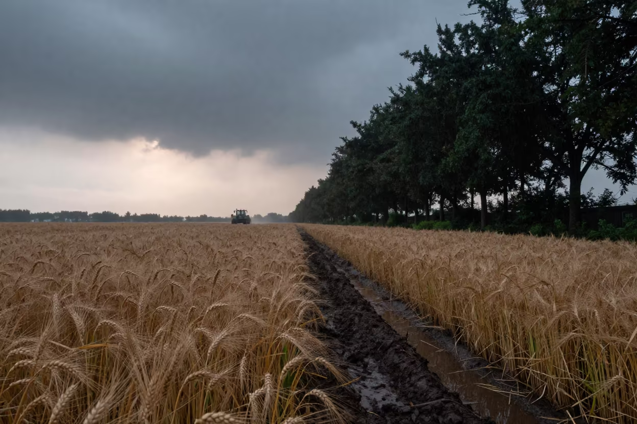 Storm cleared barley field dawn light in among orchard ladders and crates in St Petersburg