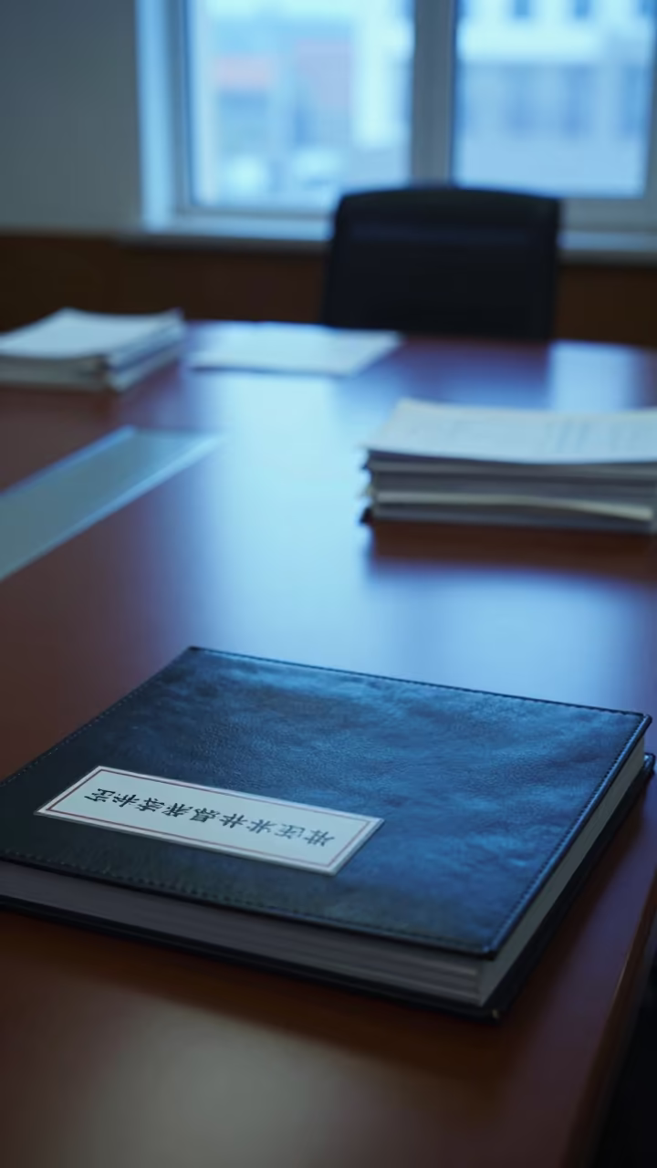 Storm closure binder on conference table at blue hour in inside a conference room near Taiyuan