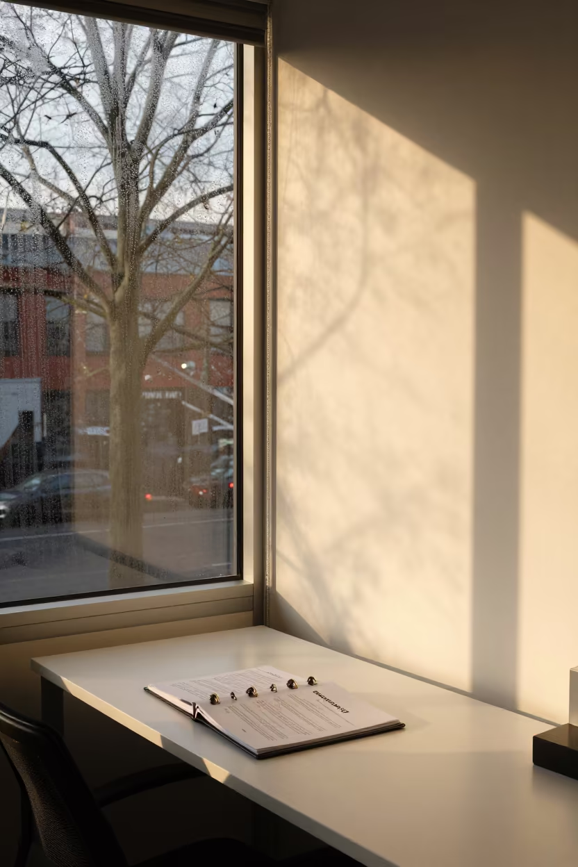 Storm Closure Binder in Dalston Office Golden Hour in inside an open-plan office bay in Dalston, London