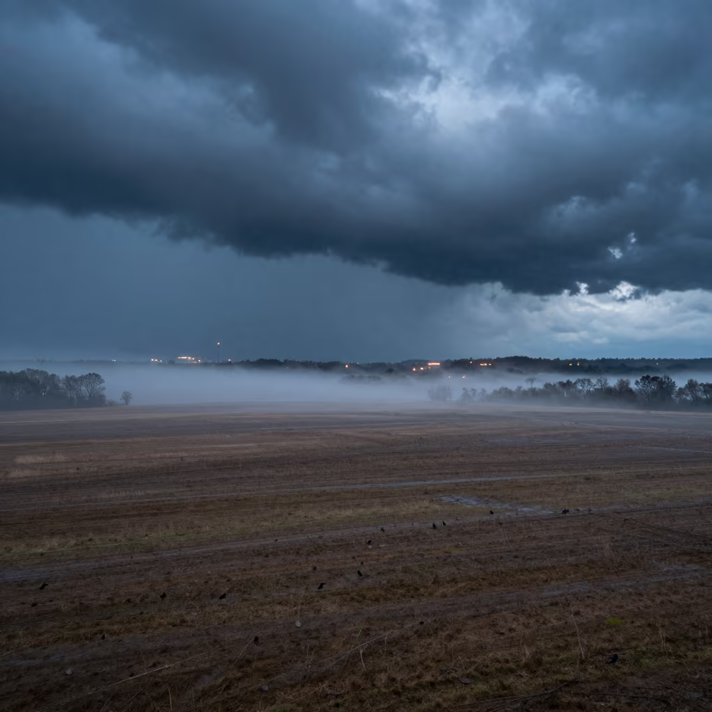 Storm Clouds Over Foggy Alabama Prairie in through low marine fog in Alabama