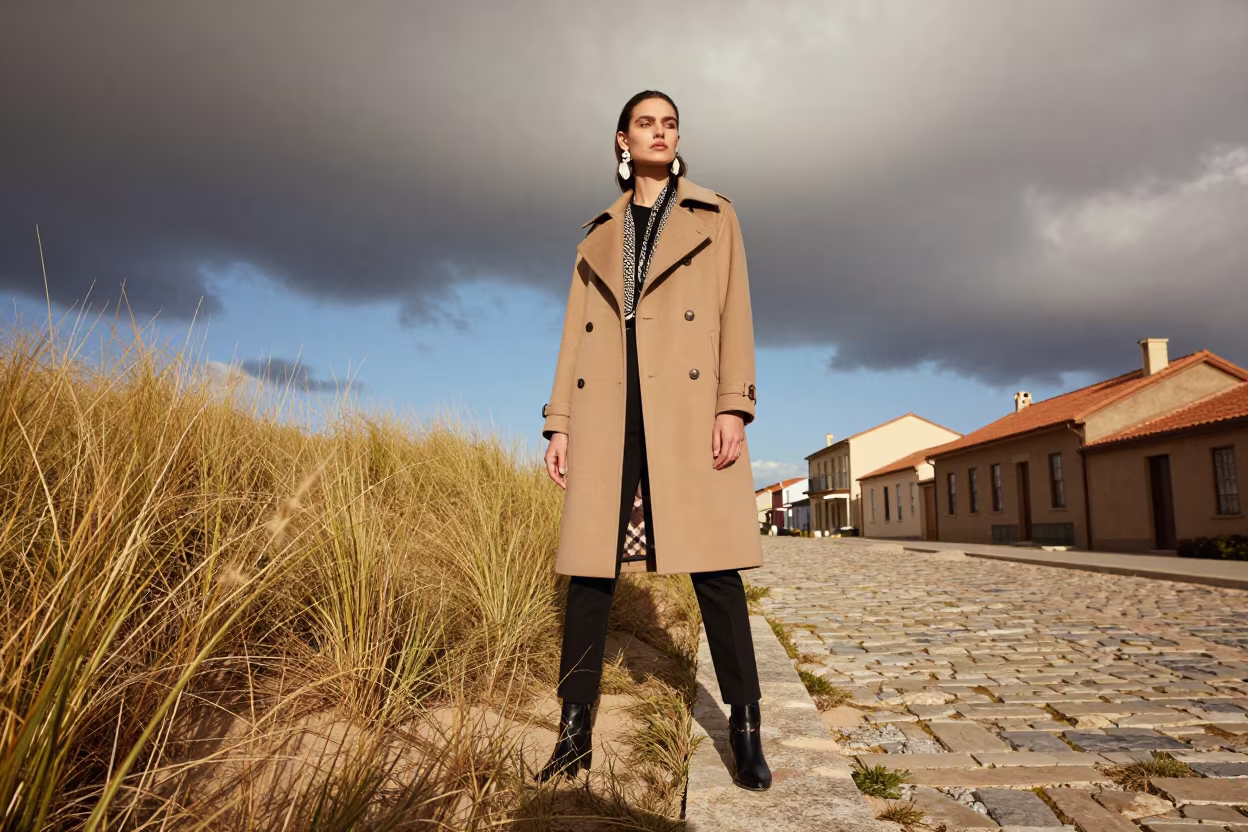 Storm Clouds Over Stone Lane Fashion Editorial in in a stone lane between old facades in Markham