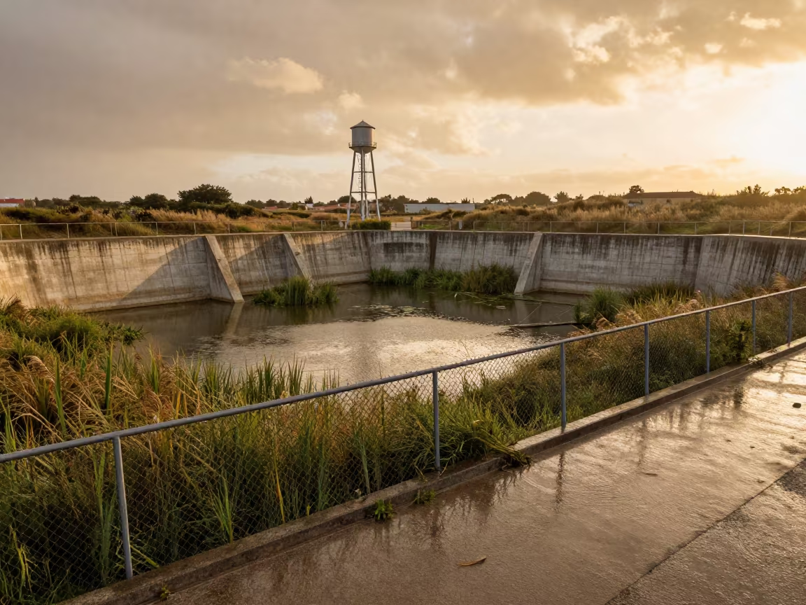 Storm Drain Basin With Reeds And Water Tower in beside a water tower ladder in Portugal
