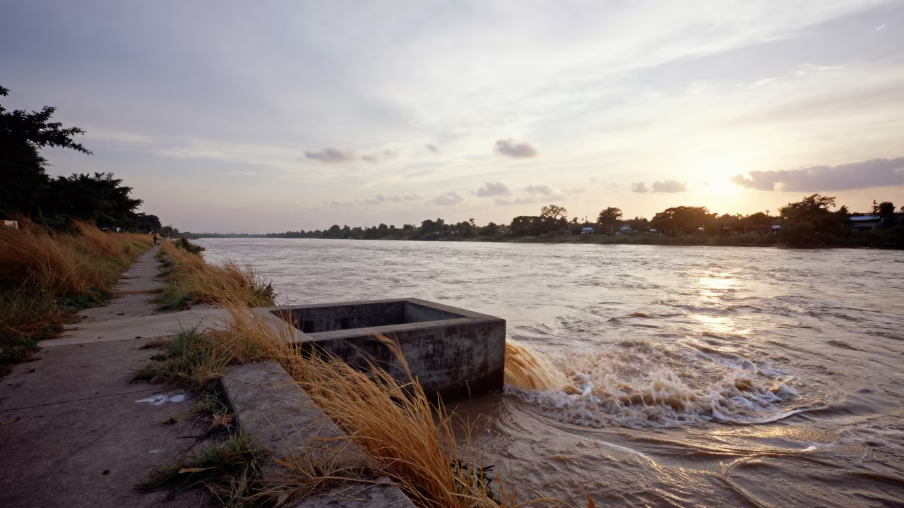 Storm Drain Erupting Into Brown River at Horizon in along a levee path above floodwater near Cebu