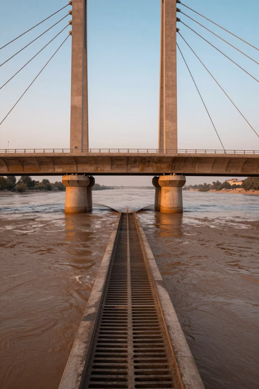Storm Drain Erupting into Brown River Under Bridge in under a cable-stayed bridge span in Quetta