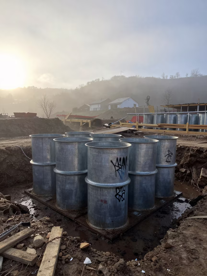 Storm Drain Filter Stack in Asturian Winter Mist in inside a taped-off excavation edge in Asturias