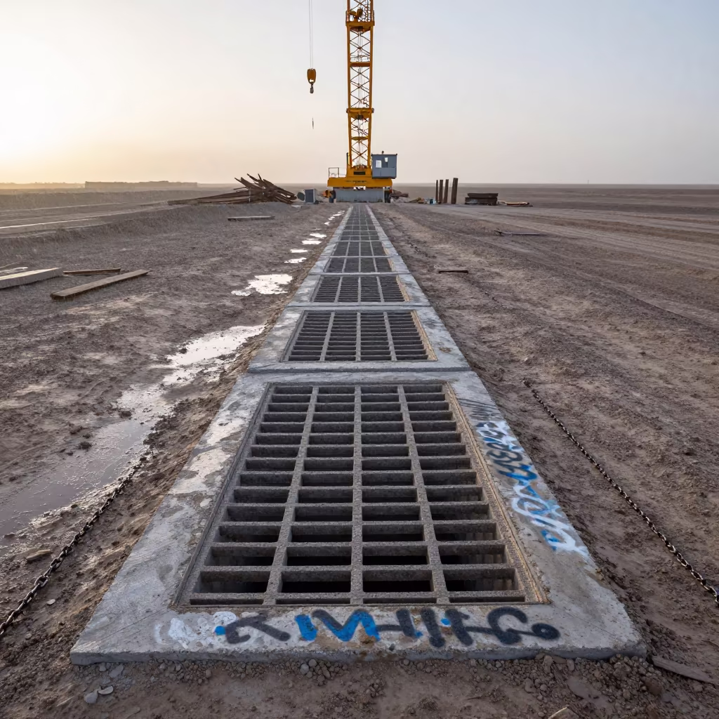 Storm Drain Filter Stack in Gobi Desert Dawn in beneath a tower crane on open ground in the Gobi Desert