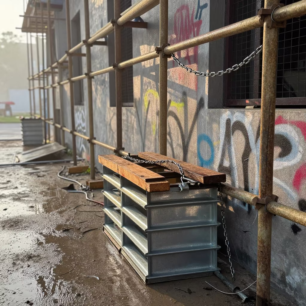 Storm Drain Filter Stack Morning Light Thu Thiem in along a scaffolded facade near Thu Thiem, Ho Chi Minh City