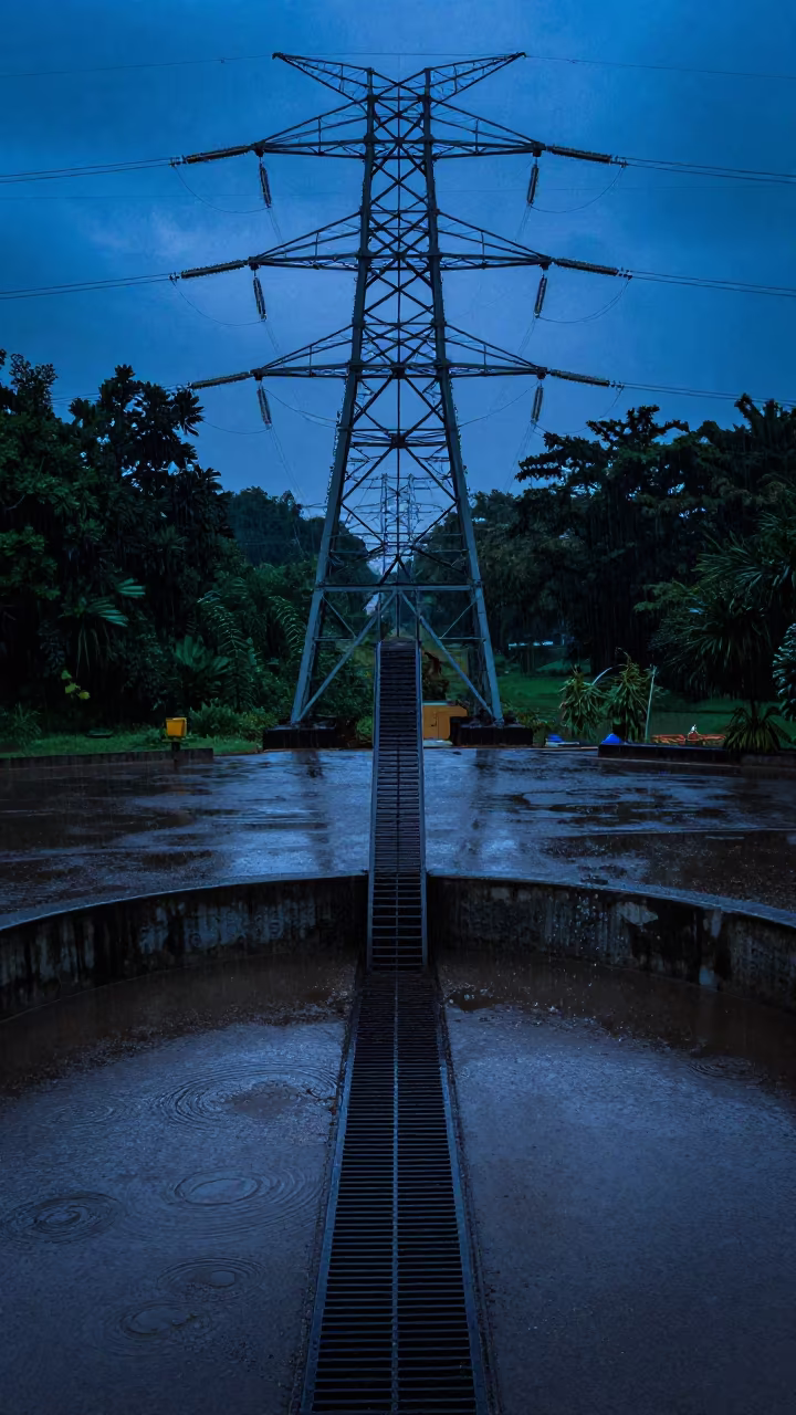 Storm Drain Ladder Silhouette Under Towers in beneath transmission towers in Nicaragua