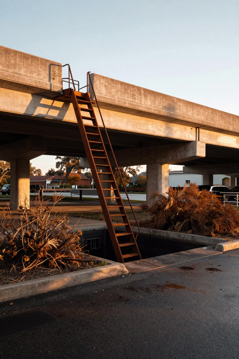 Storm Drain Ladder Sunset Overpass Béchar in across a windy overpass interchange near Béchar