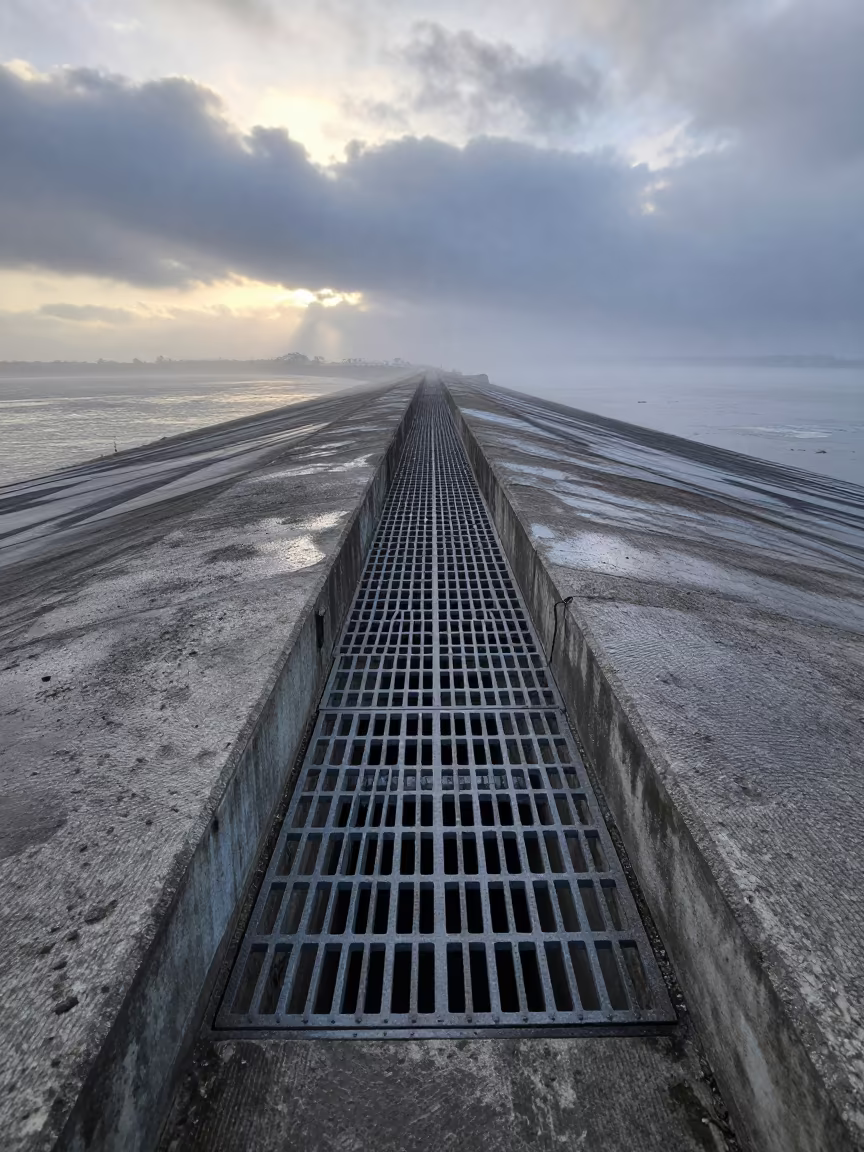 Storm Drain Outfall Dawn Fog Santander Levee in along a levee path above floodwater in Santander