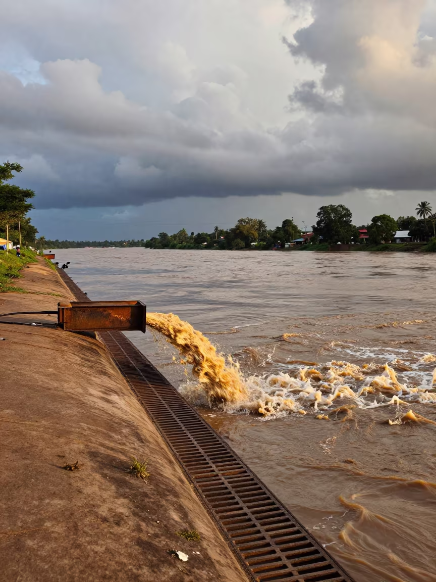 Storm Drain Outfall Pouring Into Flooded River in along a levee path above floodwater in Central African Republic