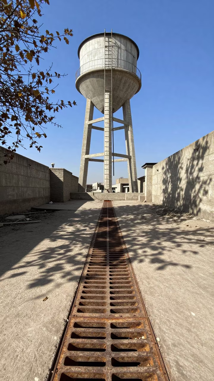 Storm Drain Outfall Kabul Midday Dappled Light in beside a water tower ladder in Kabul