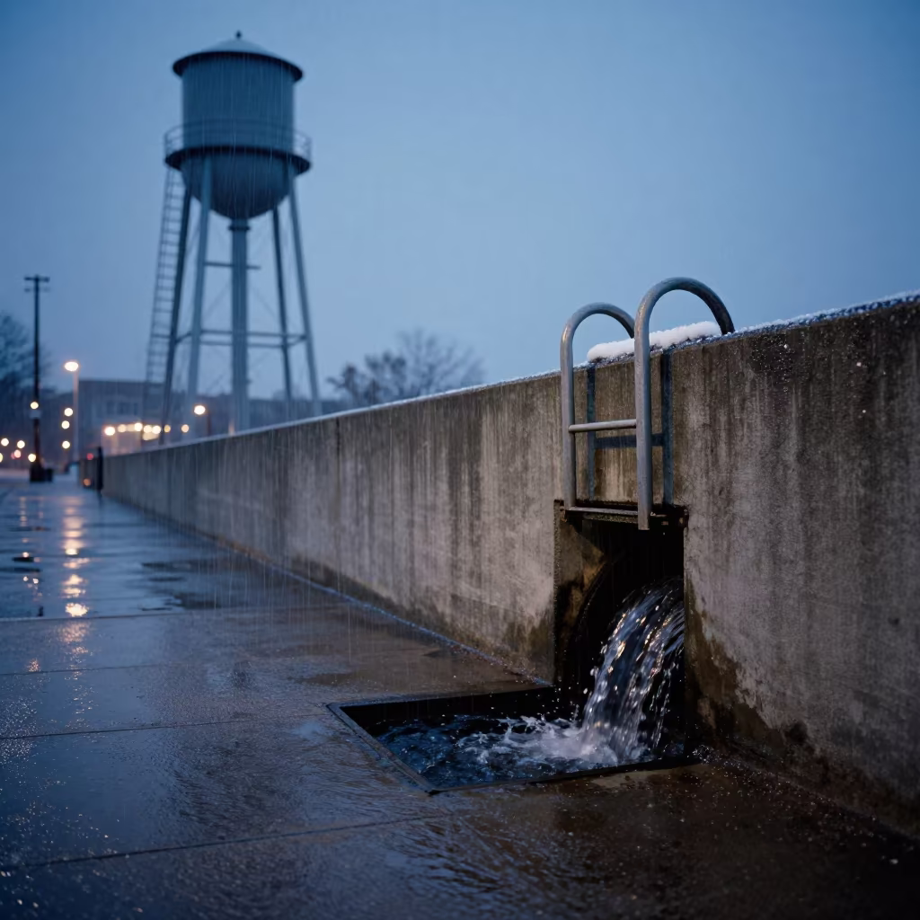 Storm Drain Outfall Sleet Blue Hour Ontario in beside a water tower ladder in Ontario