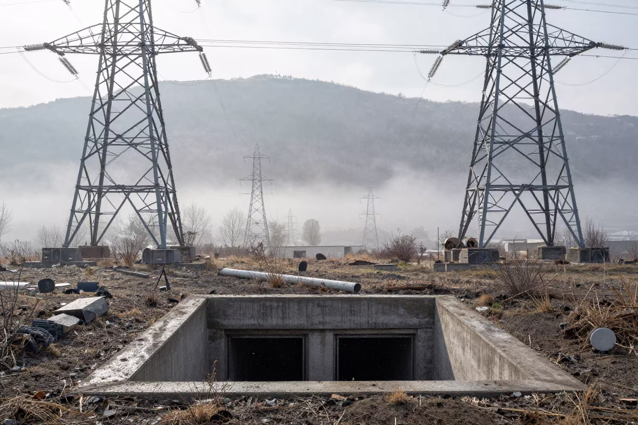 Storm Drain Outfall Under Sleet Near Istanbul in beneath transmission towers near Istanbul