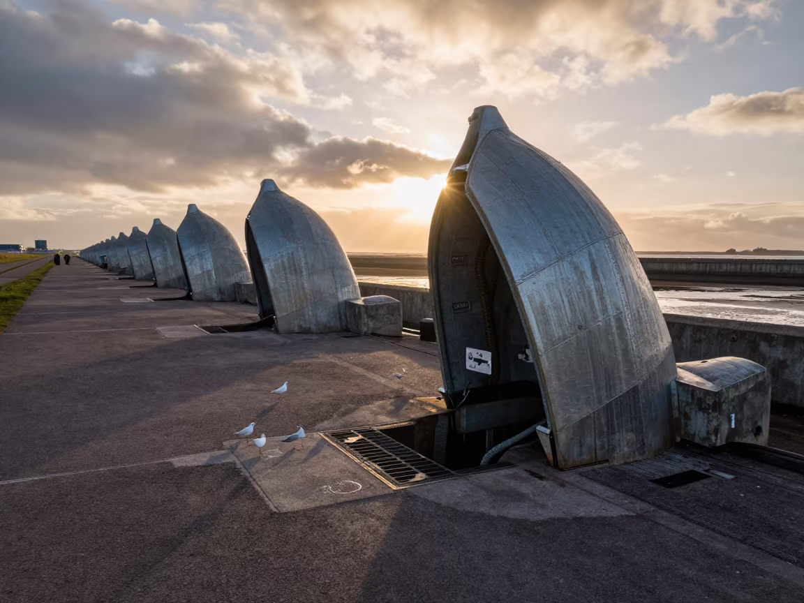 Storm Drain Outfall Sunset Northern Ireland in beside a storm surge barrier in Northern Ireland