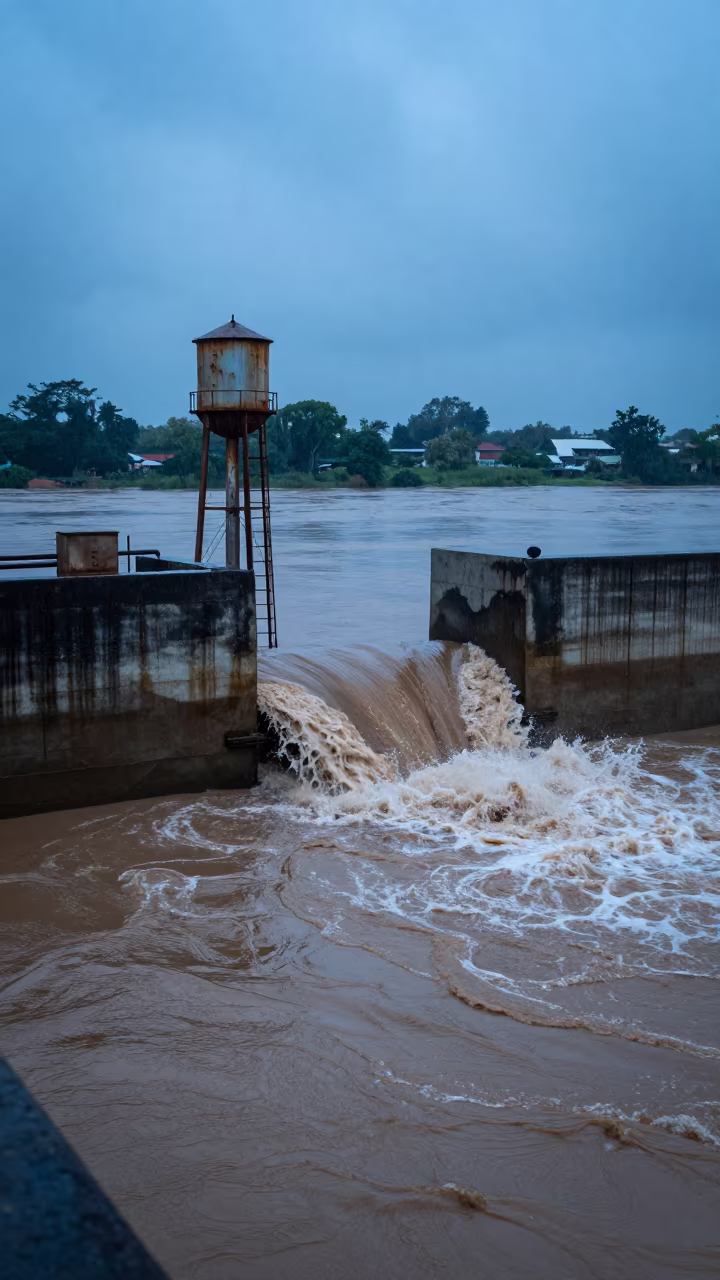 Storm Drain Outfall Erupting Into Brown River in beside a water tower ladder in Monrovia