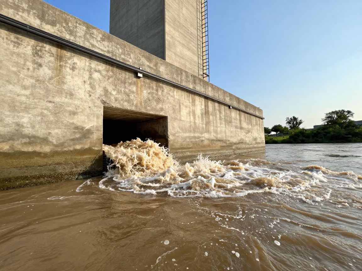 Storm Drain Outfall Erupting Into Brown River in beside a water tower ladder in Rhode Island