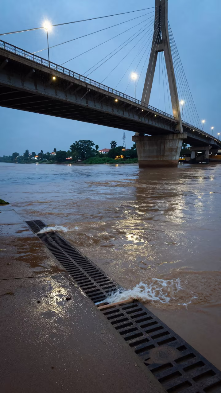 Storm Drain Outfall Under Bridge at Twilight in under a cable-stayed bridge span in Bamako
