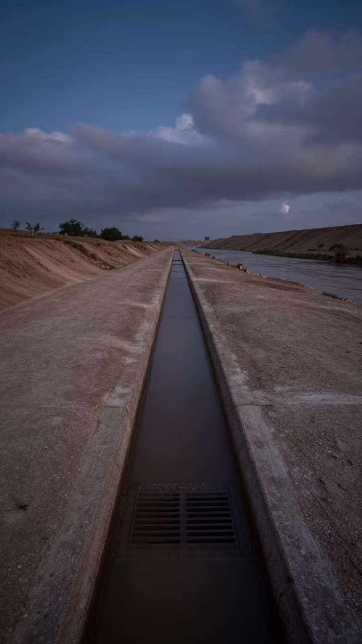 Storm Drain Pouring Into Flooded River Peru in along a levee path above floodwater in Peru