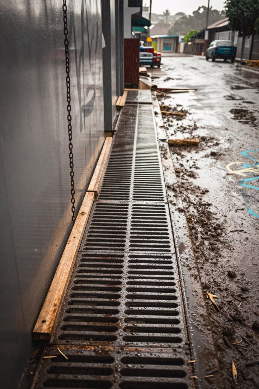 Storm Drain Stack in Monsoon Rain Freetown in beside a framed building shell near Freetown