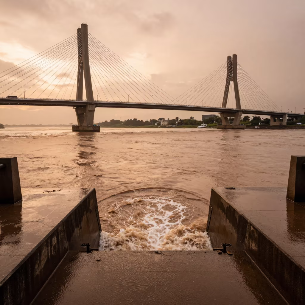 Storm Drain Pouring into River Under Tainan Bridge in under a cable-stayed bridge span near Tainan