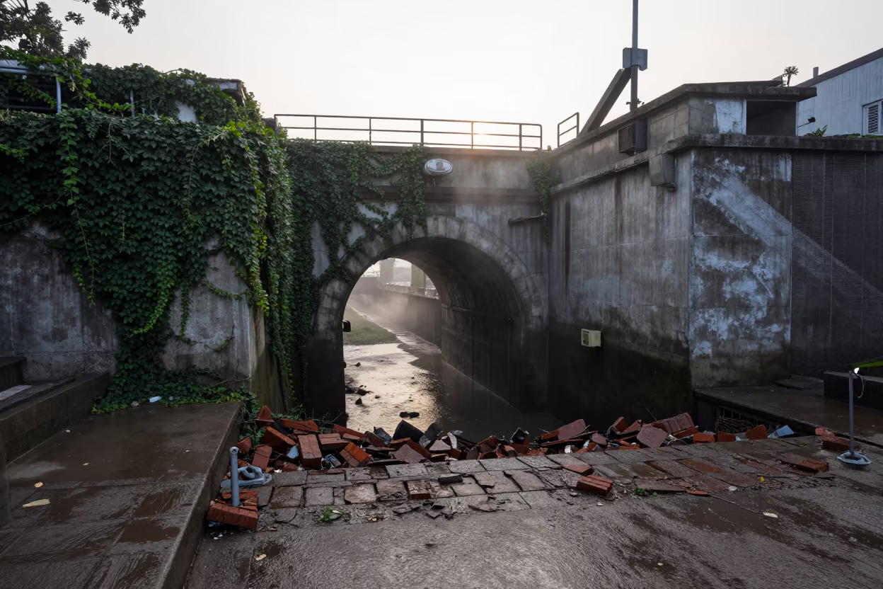 Storm Drain Tunnel Under Ivy at Kolkata Lock Dawn in at a canal lock chamber in Kolkata