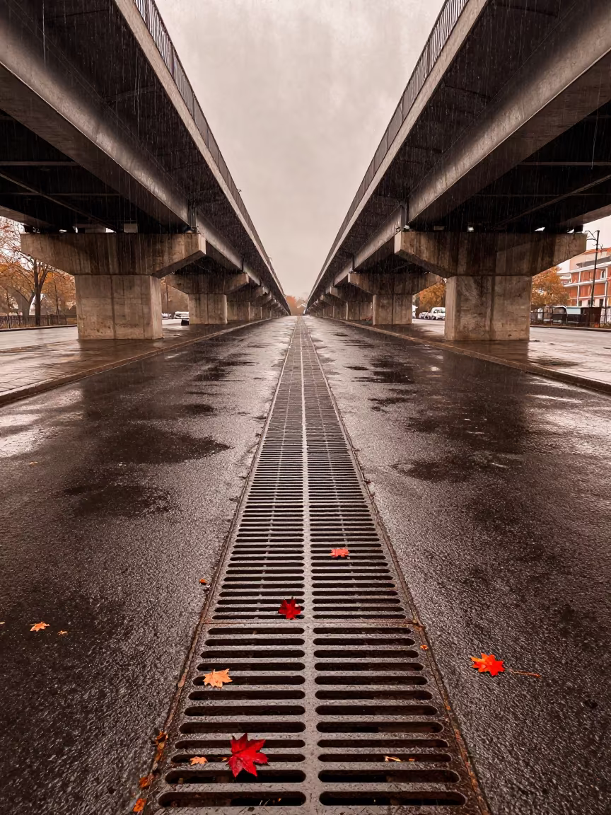 Storm Drain Grate Swallowing Leaves on Moscow Overpass in across a windy overpass interchange near Gorky Park, Moscow