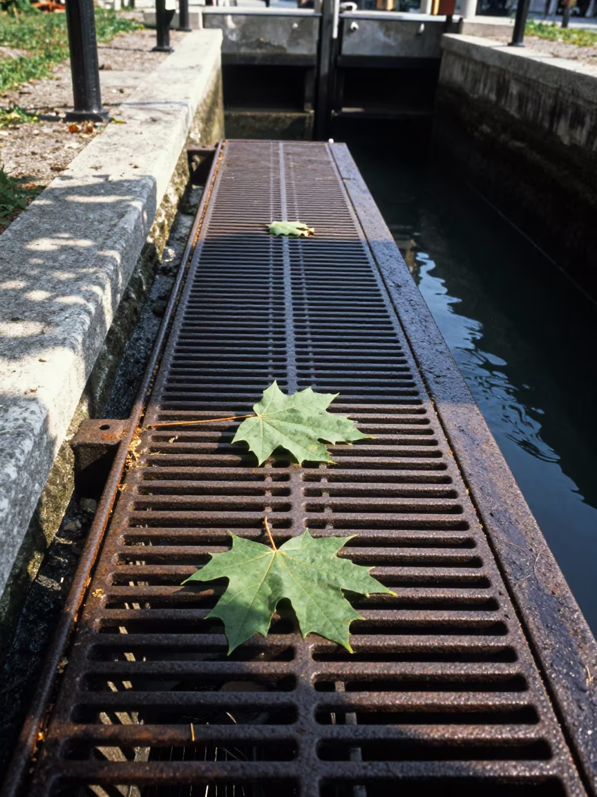 Storm Drain Grate Swallowing Leaves in Rimini in at a canal lock chamber in Rimini