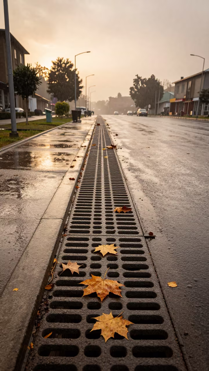Storm Drain Grate Swallowing Maple Leaves in Mekele in beside a storm surge barrier in Mekele
