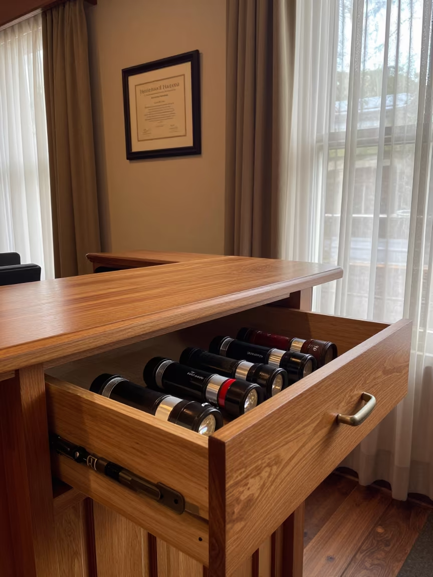Storm Flashlight Drawer at New Orleans Hotel in at a reception desk under warm light near New Orleans